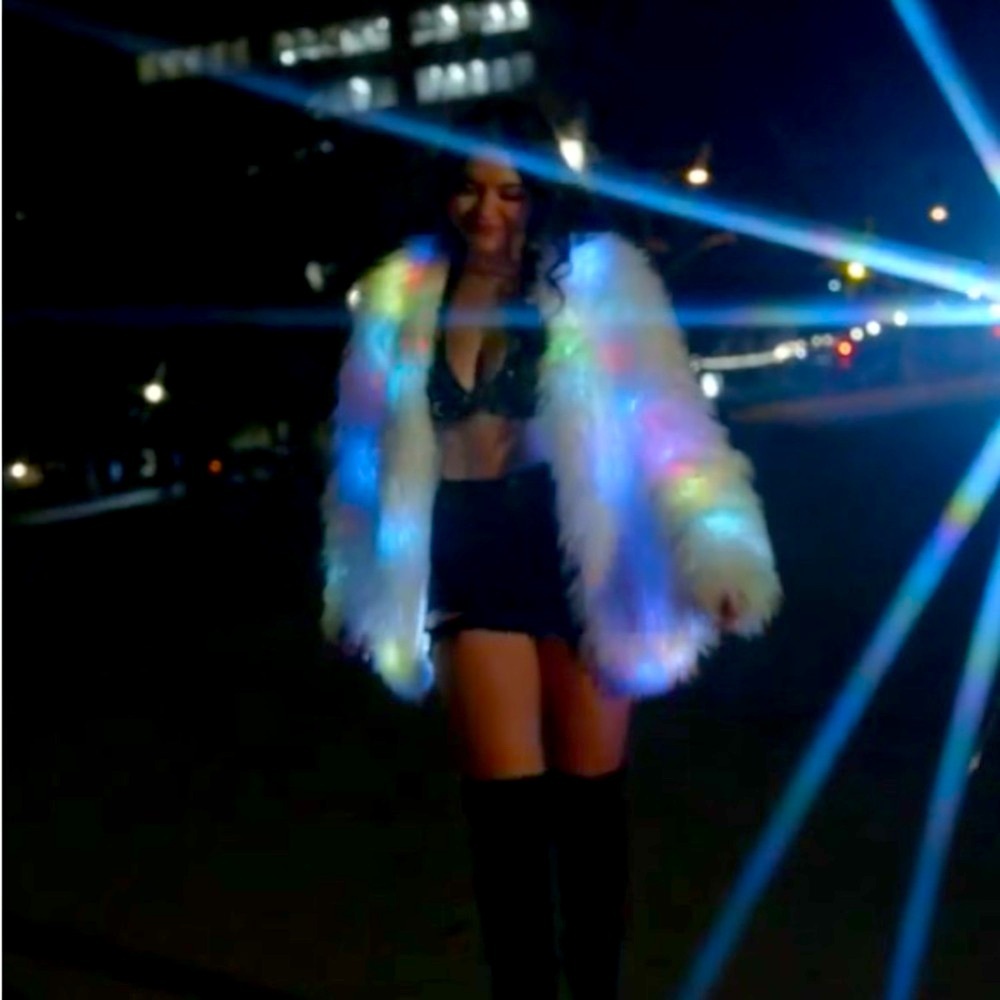 🎉LED fauxfur jacket has adjustable rainbow lights go from subtle to spectacular